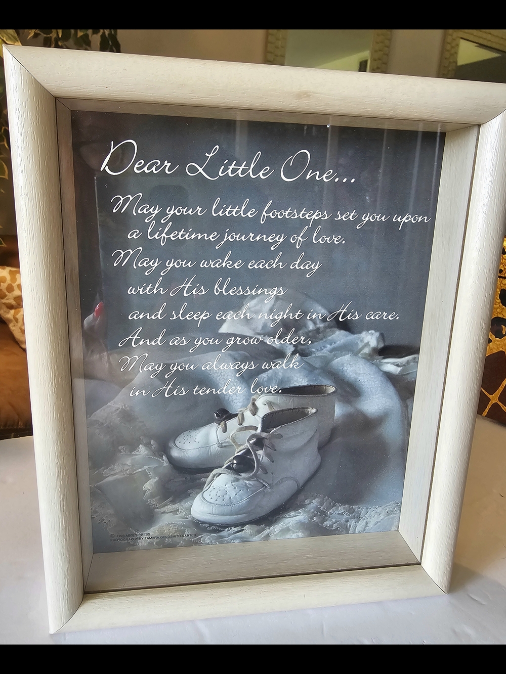 Dear Little One" Baby's Poem Encased In Beige Wood Boxed Frame.